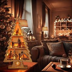 Solight LED drevený vianočný stromek s dekoráciami, 13x LED, prírodné drevo, 53cm, 2x AA