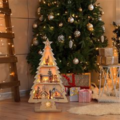 Solight LED drevený vianočný stromek s dekoráciami, 13x LED, prírodné drevo, 53cm, 2x AA