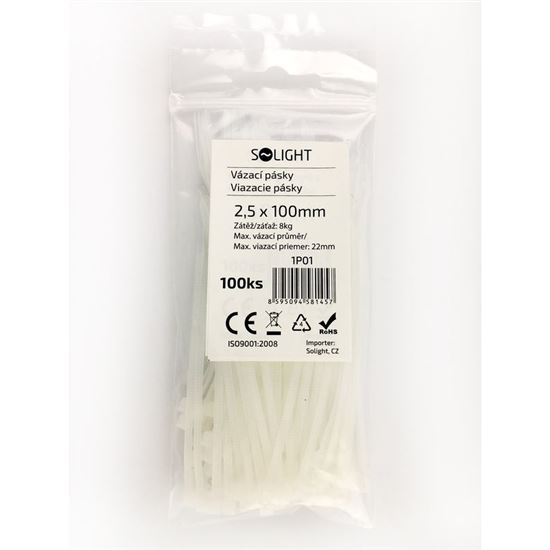 Solight viazacie nylonové pásky, farba natural, 100ks, 2,5 x 100mm