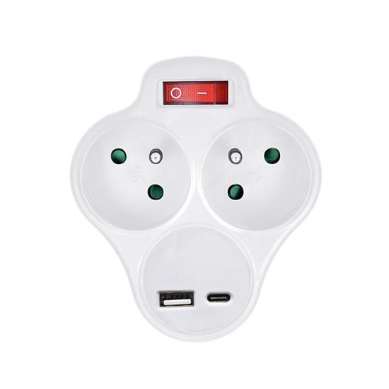 Solight rozbočovač s USB A+C rychlonabíjačkou 20W PD, 2 x 10A, biely, vypínač