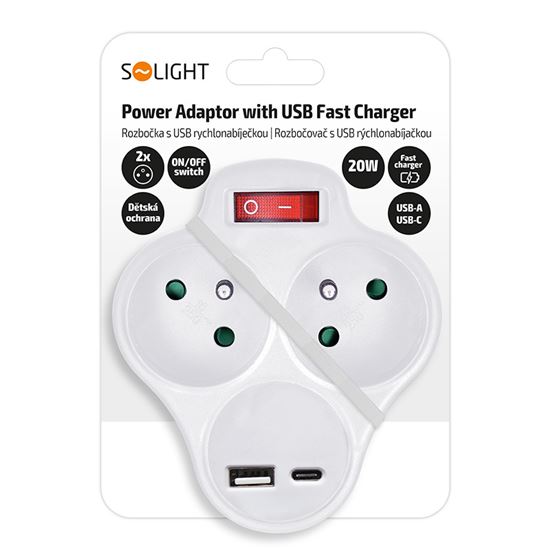 Solight rozbočovač s USB A+C rychlonabíjačkou 20W PD, 2 x 10A, biely, vypínač