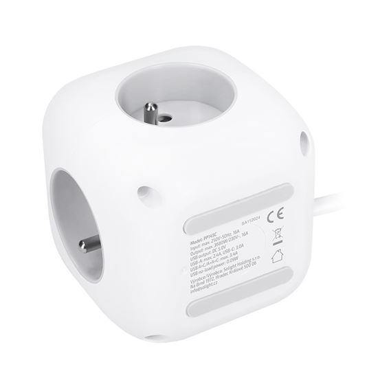 Solight 3z + USB A+C predlžovací prívod - kocka, 2m, 3 x 1mm2, biely, vypínač