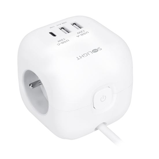 Solight 3z + USB A+C predlžovací prívod - kocka, 2m, 3 x 1mm2, biely, vypínač