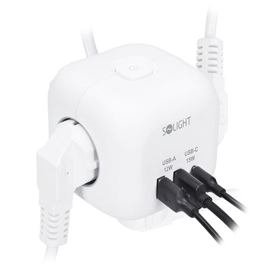 Solight 3z + USB A+C predlžovací prívod - kocka, 2m, 3 x 1mm2, biely, vypínač