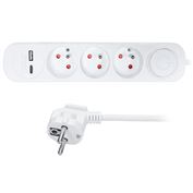 Solight 3z predlžovací prívod s USB A+C nabíjačkou 2,4A, 2m, 3 x 1mm2, biely, vypínač