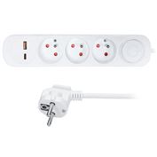 Solight predlžovací prívod 3 zásuvky, USB A+C 20W PD, 5m, 3 x 1mm2, biely, vypínač