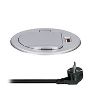 Solight USB vstavaná zásuvka s viečkom, 1 zásuvka, plast, dĺžka 1,5m, 3x 1mm2, USB 2100mA, strieborná