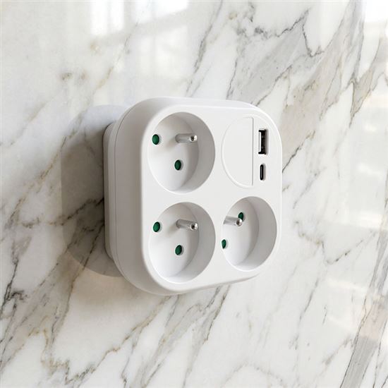 Solight rozbočovač 3x 16A, USB A+C rychlonabíjačka 20W PD, biely