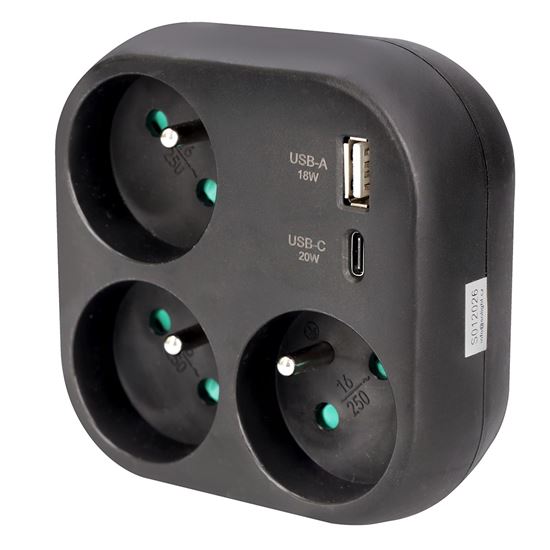 Solight rozbočovač 3x 16A, USB A+C rychlonabíjačka 20W PD, čierny