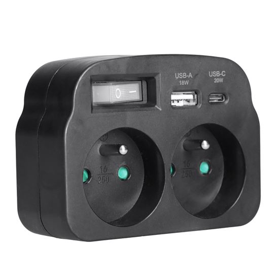 Solight rozbočovač 2 x 16A, USB A+C rychlonabíjačka 20W PD, čierny, vypínač