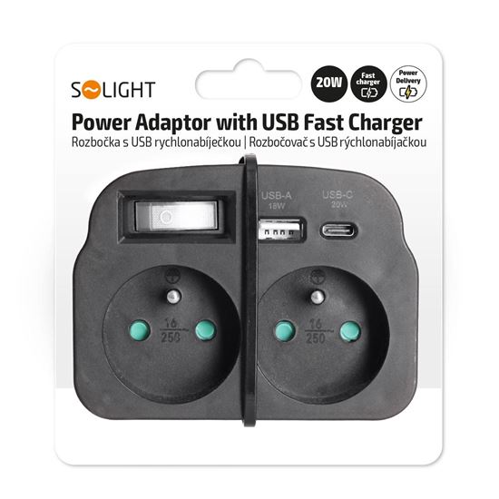 Solight rozbočovač 2 x 16A, USB A+C rychlonabíjačka 20W PD, čierny, vypínač