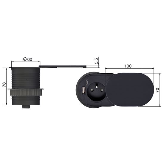 Solight 1z + USB A+C 20W PD vstavaná zásuvka s posuvným viečkom, 2m, matná čierna