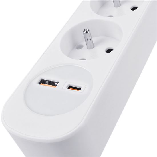 Solight predlžovací prívod 5 zásuviek, USB A+C 20W PD, 3m, 3 x 1mm2, biely, vypínač