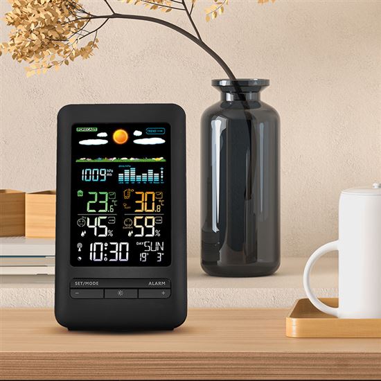 Solight meteostanica, farebný LCD, vnútorná/vonkajšia teplota a vlhkosť, tlak, RCC, čierna
