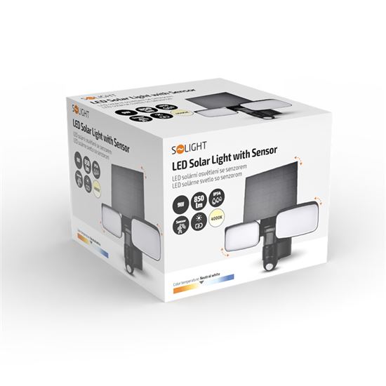Solight LED solárne svetlo so senzorom, 9W, 850lm, 4000K, Li-Ion, čierna