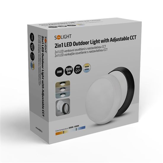 Solight LED vonkajšie osvetlenie, nastaviteľná teplota svetla - 3CCT, 15/18/20W, 1800lm, 22cm, 2v1 - biely a čierny kryt