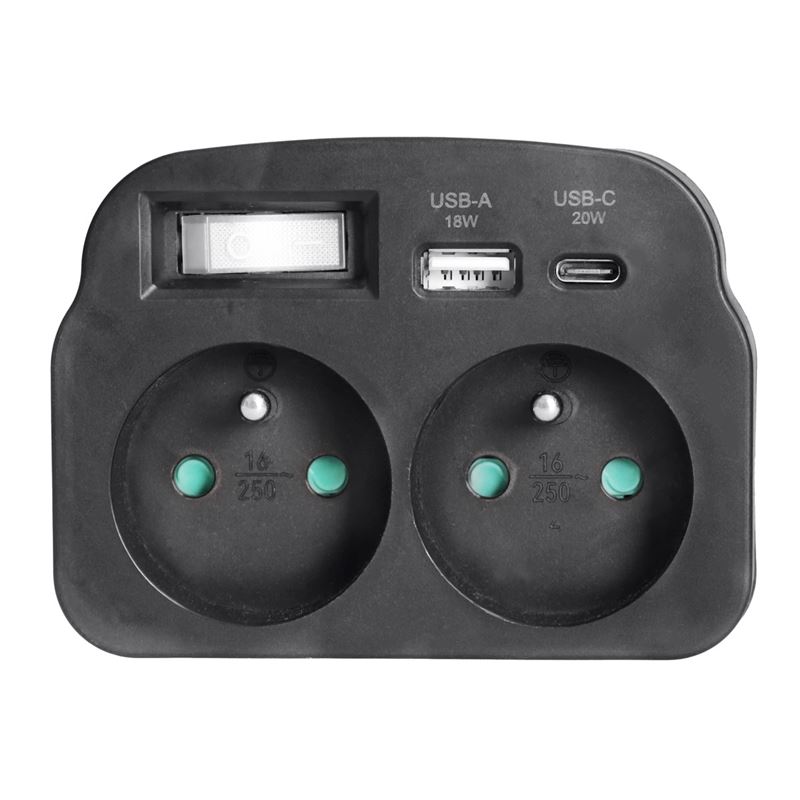 Solight rozbočovač 2 x 16A, USB A+C rychlonabíjačka 20W PD, čierny, vypínač
