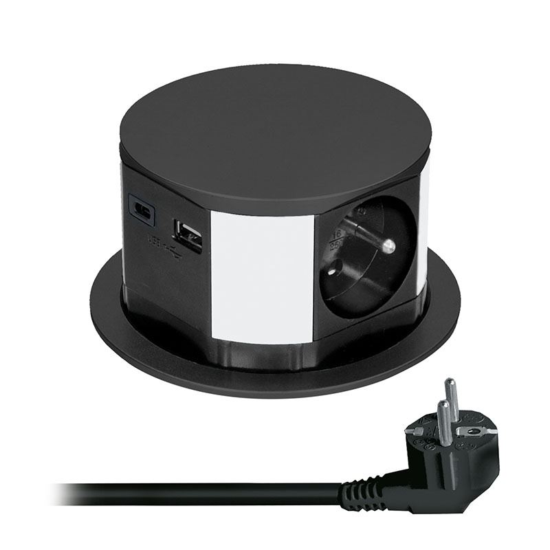 Solight výsuvný blok zásuviek, 3 x 16 A + USB A+C 20W PD, kabel 2m, čierny