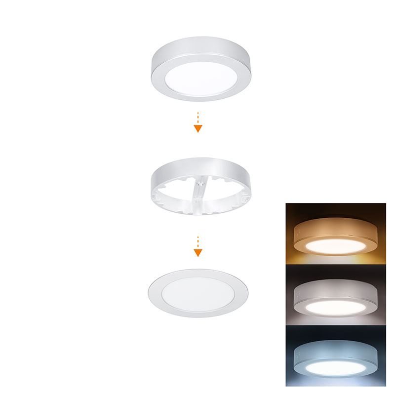 Solight LED mini panel kúpeľňový 2v1, 3CCT, podhľadový / prisadený, 12W, 1020lm, IP54, strieborna, okrúhly