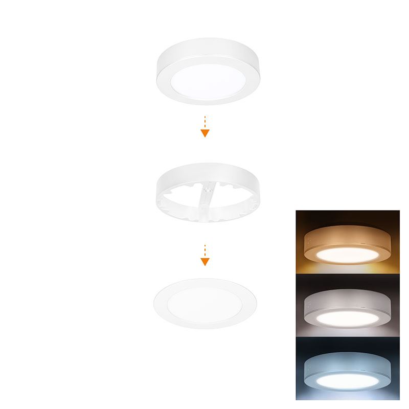 Solight LED mini panel kúpeľňový 2v1, 3CCT, podhľadový / prisadený, 12W, 1020lm, IP54, biela, okrúhly